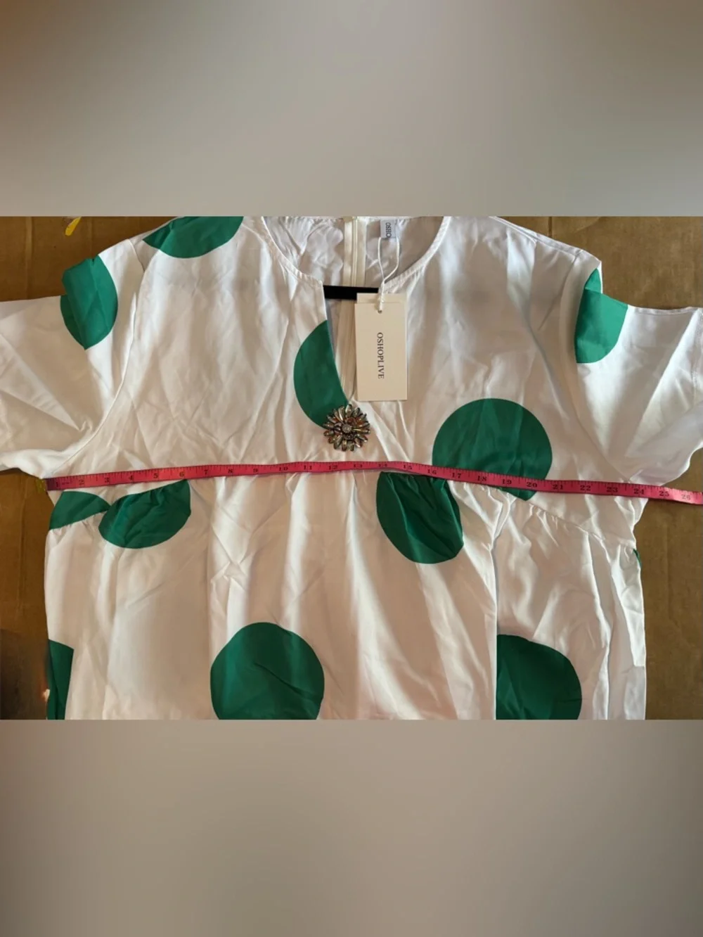 OShopLive White Dress with Green Polka Dots and Gold Floral Detail - Picture 9 of 10